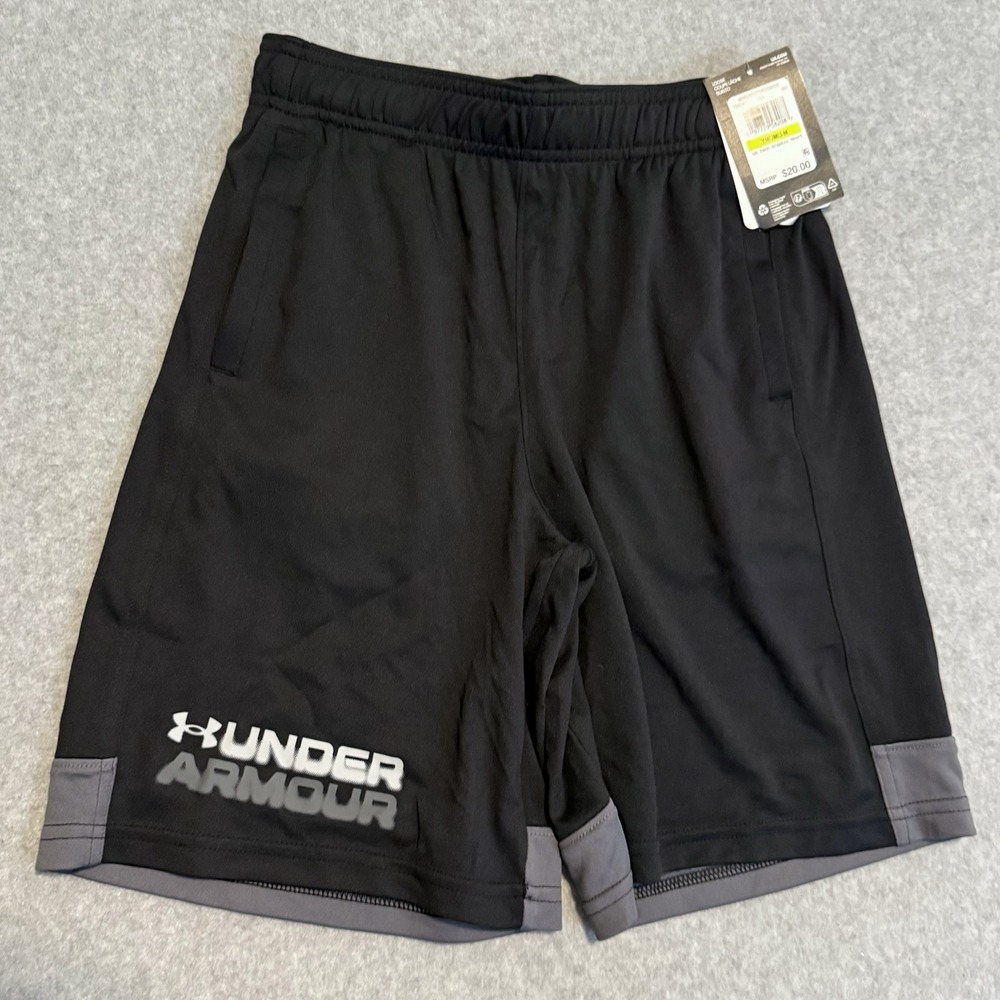 Under Armour Boys Youth Medium Loose Black UA Tech Graphic Logo Shorts NWT